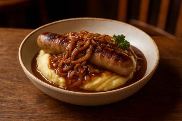 Bratwurst Mash Bowl with Beer-Onion Gravy served in a rustic pub bowl with creamy mashed potatoes and caramelised beer-braised onions as a pub sausage.