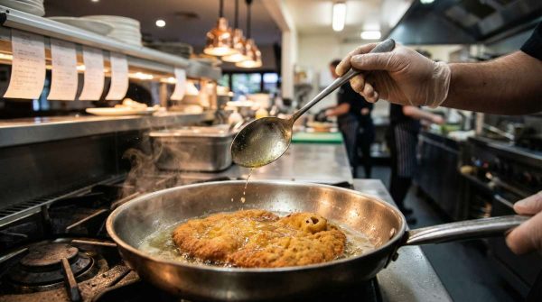 Chef basting a schnitzel with hot butter in a frying pan in a busy commercial kitchen