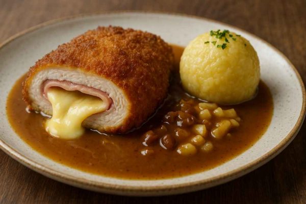 Crispy Chicken Cordon Bleu cut open with melting cheese and ham, served with a potato dumpling and rich brown gravy.