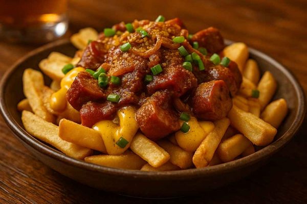 Currywurst loaded pub fries topped with sliced German sausage, curry ketchup, crispy onions and spring onions as a pub sausage.