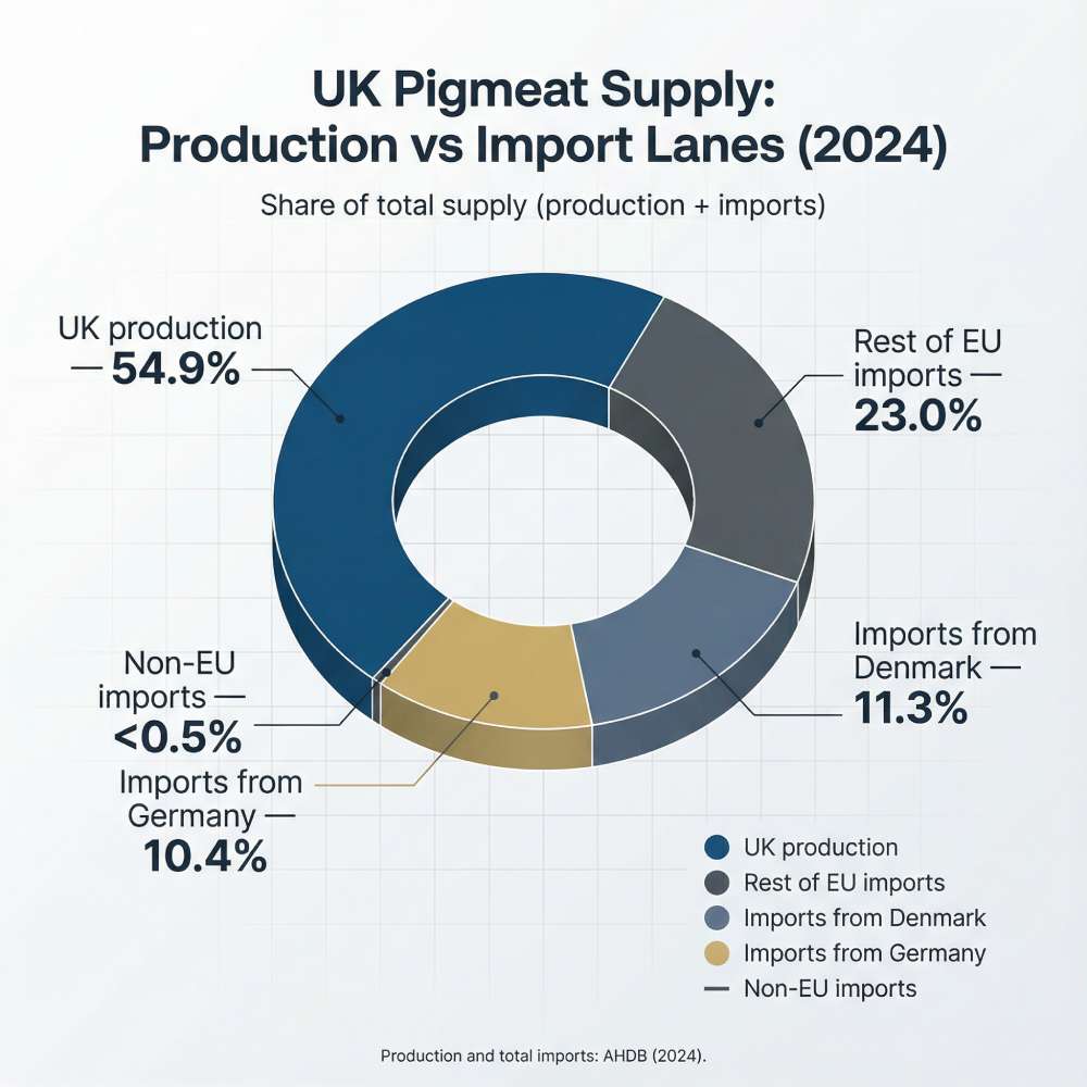 German food imports UK 2026: donut chart showing UK pigmeat supply in 2024 split between UK production and import lanes (Germany, Denmark, rest of EU, non-EU).