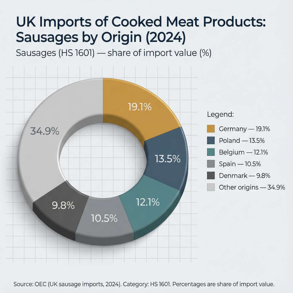 German food imports UK 2026: donut chart showing UK imports of sausages by origin in 2024 (HS 1601), highlighting Germany as the largest single source.