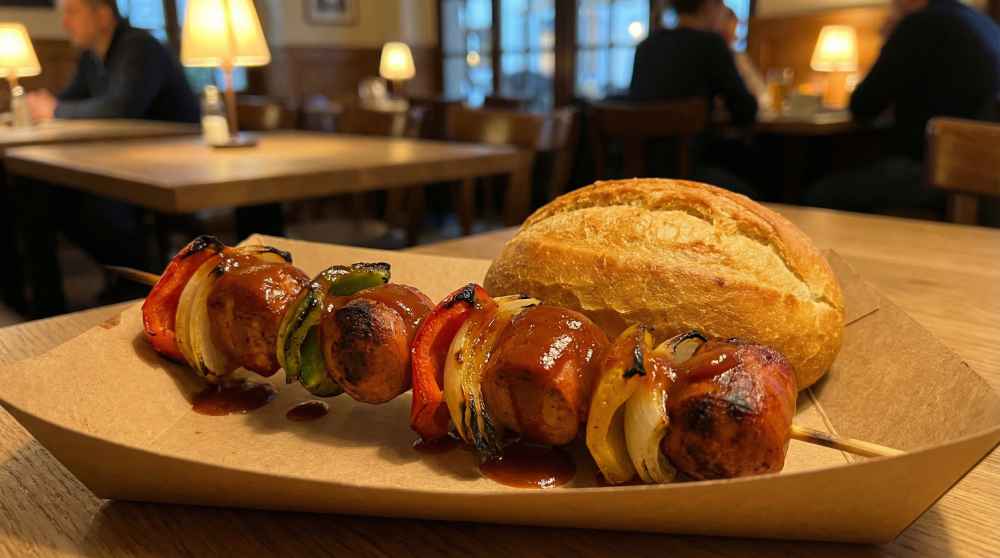 Two German Imbiss-style Schaschlik skewers made with Chilli Beef Frankfurter pieces, grilled onions and peppers, served with a crusty bread roll.