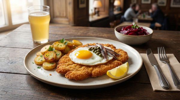 Holsteiner schnitzel topped with a fried egg, anchovies and capers, served with fried potato rounds, lemon wedge, and beetroot salad on a rustic wooden table