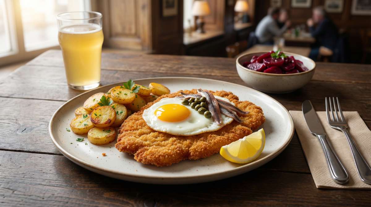 Holsteiner schnitzel topped with a fried egg, anchovies and capers, served with fried potato rounds, lemon wedge, and beetroot salad on a rustic wooden table