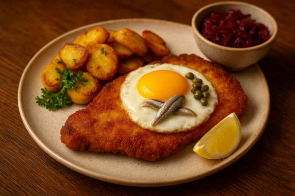 Holsteiner Schnitzel topped with fried egg, sardines and capers served with Bratkartoffeln and beetroot salad