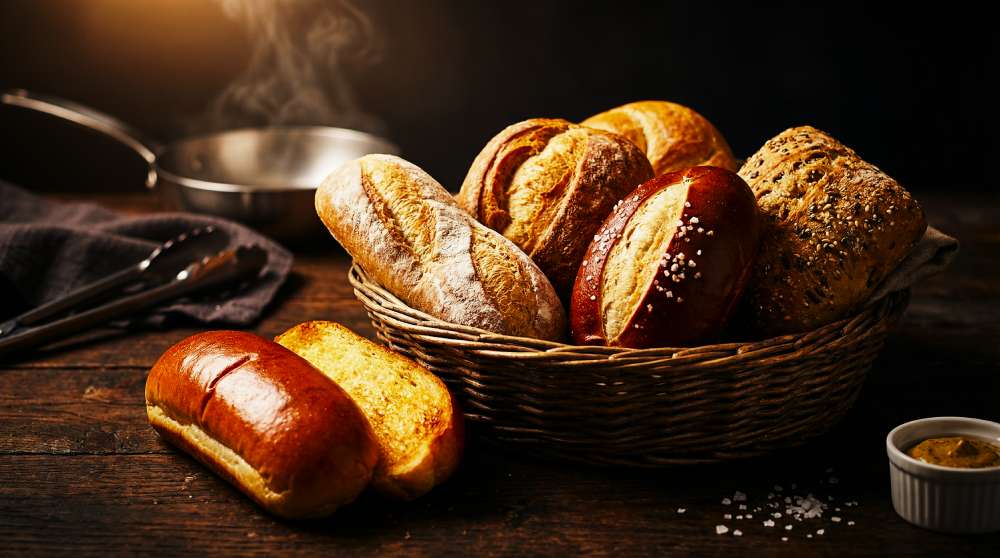 Bread basket with brioche bun, mini baguette, German Laugenbrötchen and artisan rolls, showing bun structure options to elevate a hotdog sandwich.