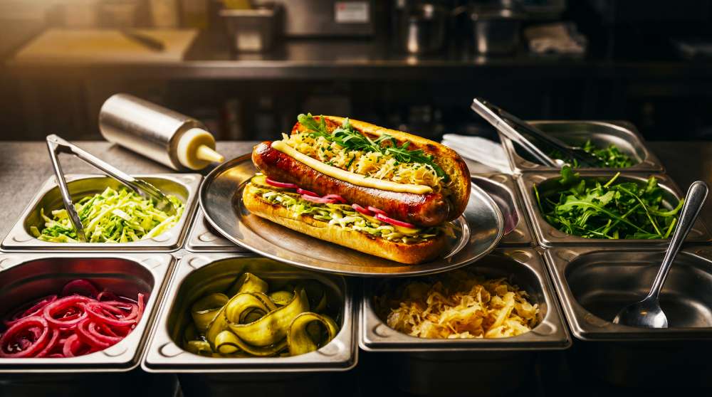 Hotdog sandwich on a stainless-steel pass surrounded by gastro pans of toppings like slaw, pickles, sauerkraut, rocket and pickled onions, showing a service-ready build station.