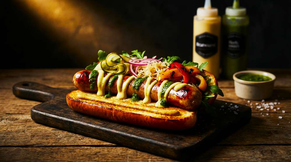 Hotdog sandwich on a toasted bun with a browned sausage, pickles, peppers, sauerkraut and herbs, finished with a two-sauce system in a dramatic food photography style.