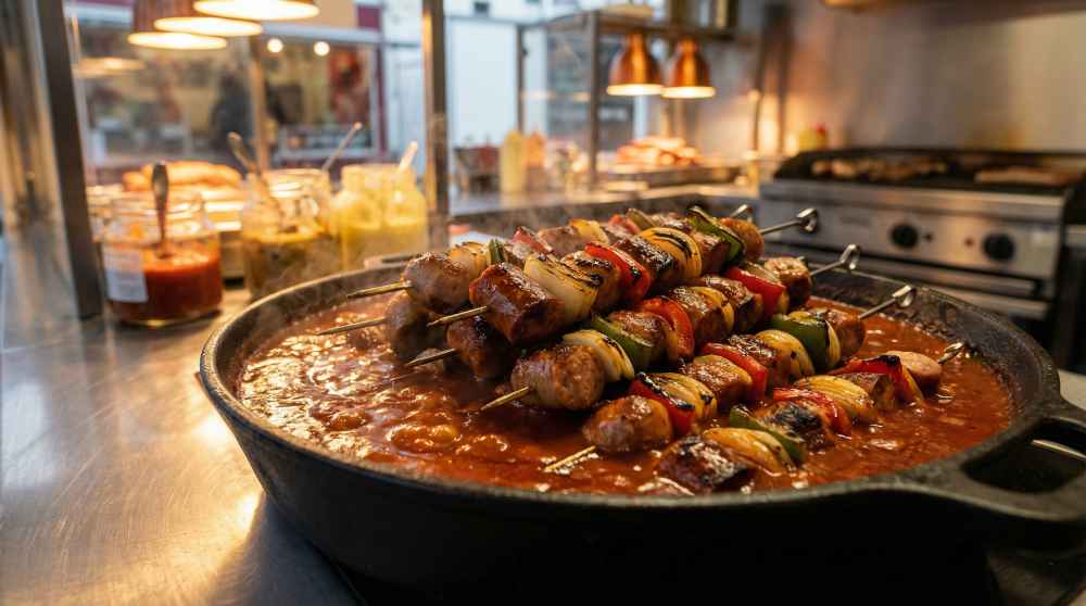 Schaschlik skewers with Chilli Beef Frankfurter, onions and peppers simmering in a thick paprika-tomato Imbiss sauce in a large pan.