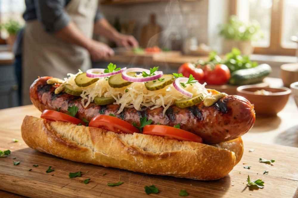 Is hotdog a healthy food: grilled hotdog topped with sauerkraut, pickles and red onion in a rustic bun