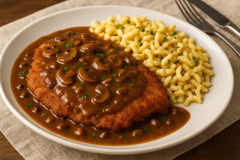 German Jägerschnitzel covered in rich mushroom sauce, served with buttery Spätzle and a lemon wedge on a rustic plate.