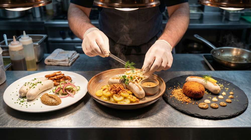 Chef finishing three Munich Weisswurst dishes in a professional kitchen – Weisswurst UK menu inspiration