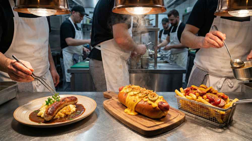 Pub sausage being plated in a professional kitchen, with a loaded hotdog and a sausage dish with gravy and potatoes