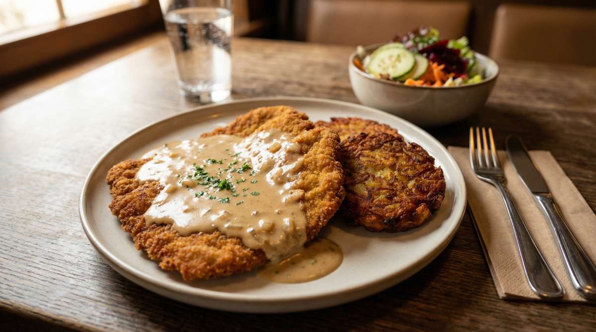 Golden breaded Rahmschnitzel topped with creamy Rahm sauce, served with crispy potato rösti and a Swabian mixed salad on a rustic wooden table