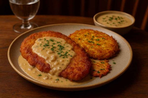 Rahmschnitzel topped with creamy mushroom sauce served with crispy Rösti and extra sauce on the side