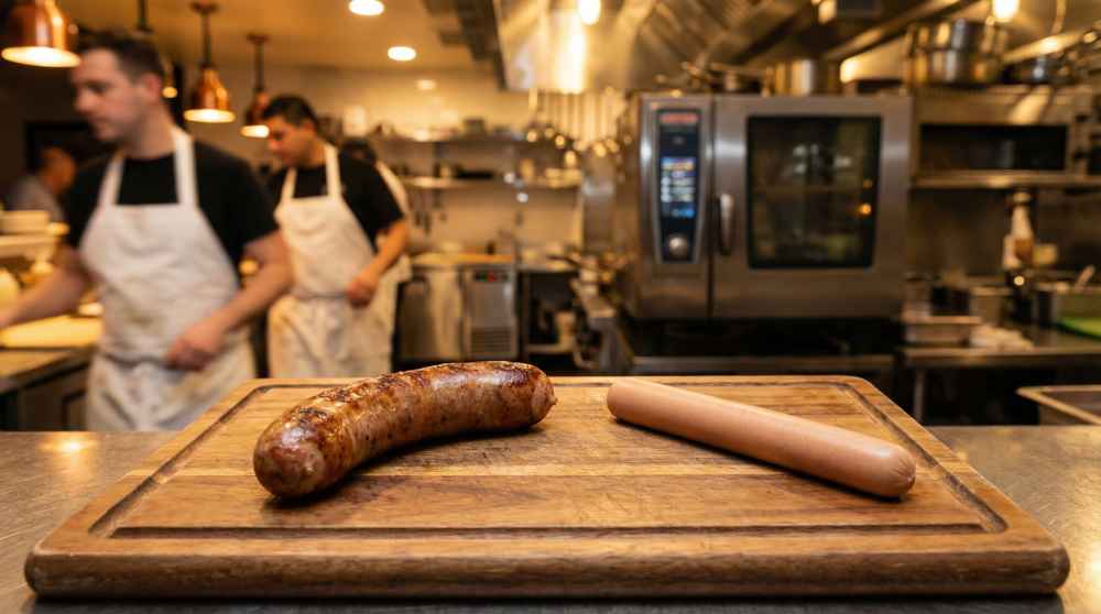 Real German Frankfurter comparison showing a browned authentic frankfurter next to a pale industrial hotdog on a board