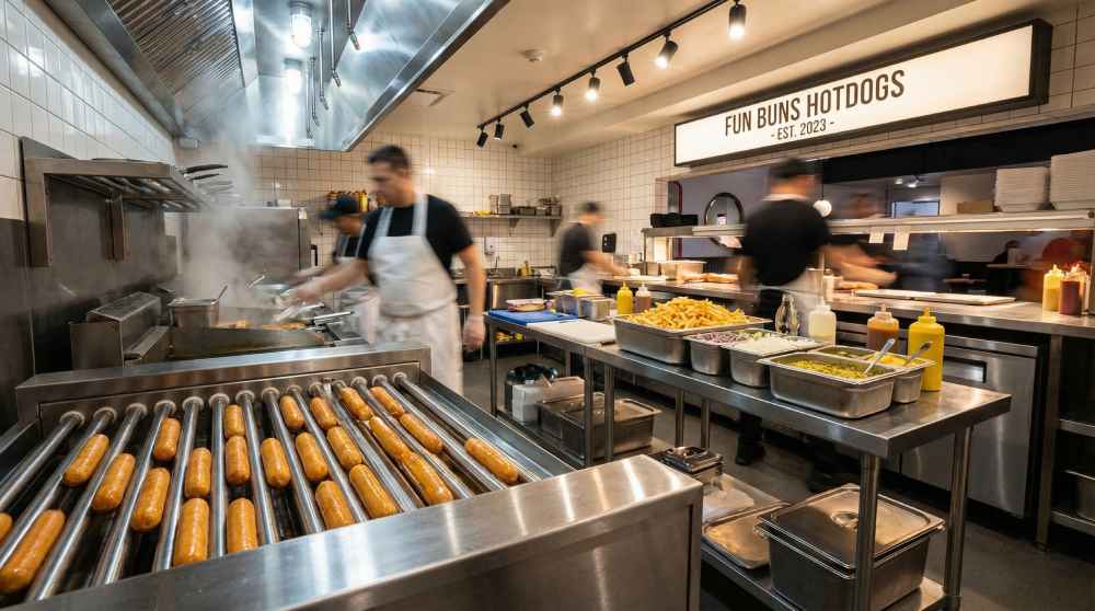 Roller grill hotdogs cooking in a commercial kitchen with a hotdog service line and condiments