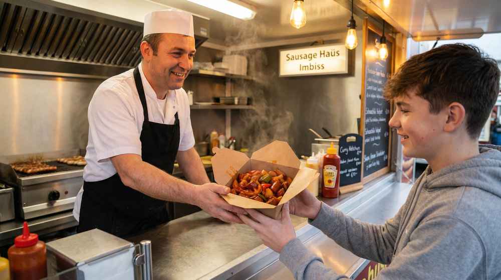 Imbiss chef in a mobile food truck hands a steaming cardboard box of Schaschlik hotpot with Chilli Beef Frankfurter, peppers and onions to a teenage customer.