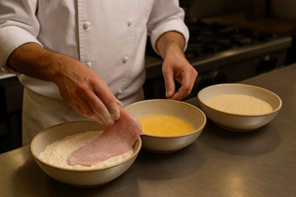 Chef breading a schnitzel using the classic three-bowl method with flour, egg and breadcrumbs in a professional kitchen