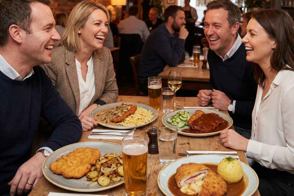 Four people enjoying schnitzel dishes in a pub, including Wiener Schnitzel, Cordon Bleu, Jägerschnitzel