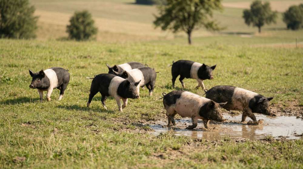 German food imports UK 2026: Swabian-Hall pigs (Schwäbisch-Hällisches Landschwein) in a grassy pasture, with some cooling in a muddy wallow.