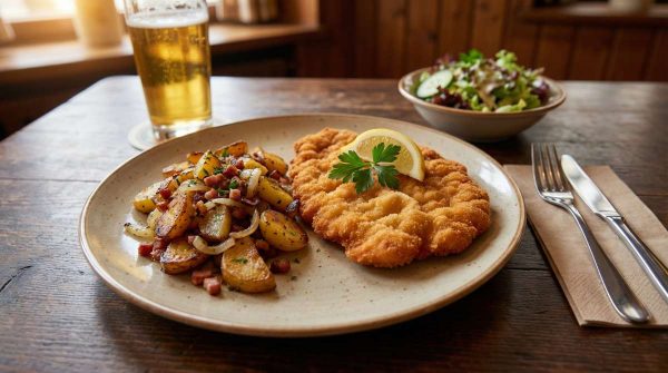 Wiener schnitzel with bratkartoffeln, lemon and parsley, served with a side salad and a lager beer on a rustic table