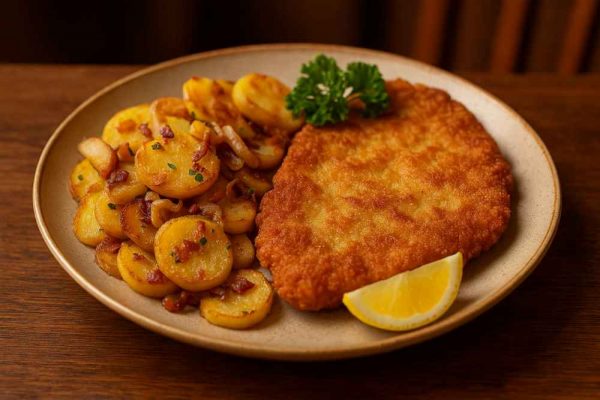 Wiener Schnitzel with crispy Bratkartoffeln, bacon and onions served with lemon wedge