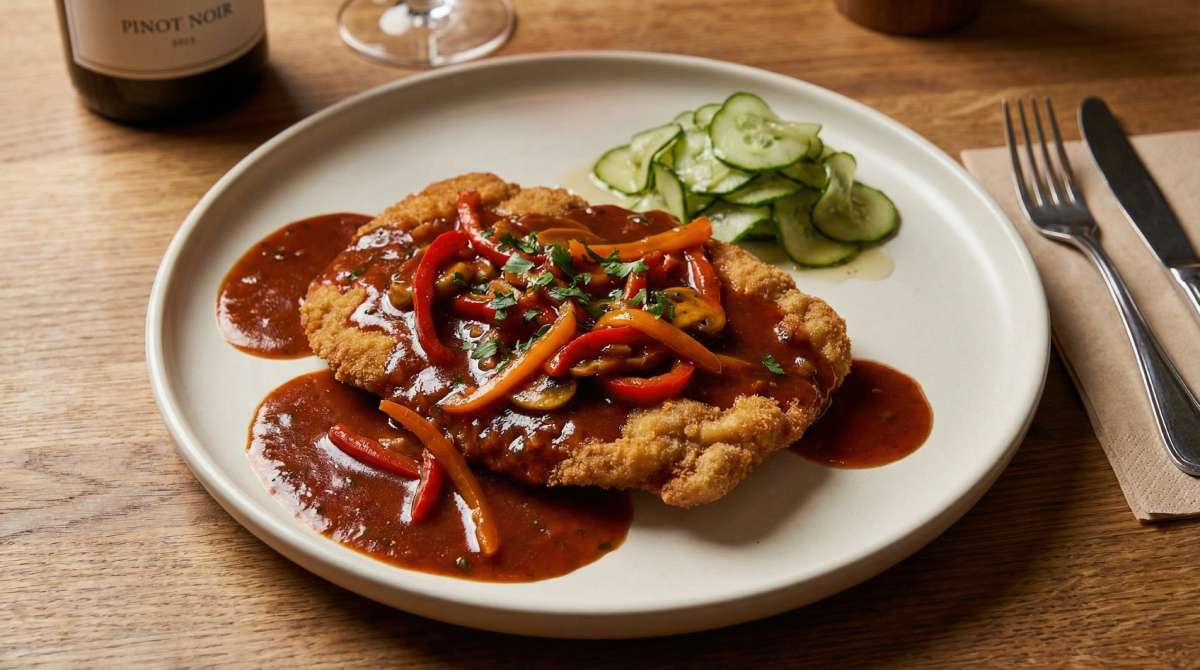 Zigeunerschnitzel (paprika schnitzel) topped with pepper-tomato sauce and mushrooms, served with cucumber salad on a white plate