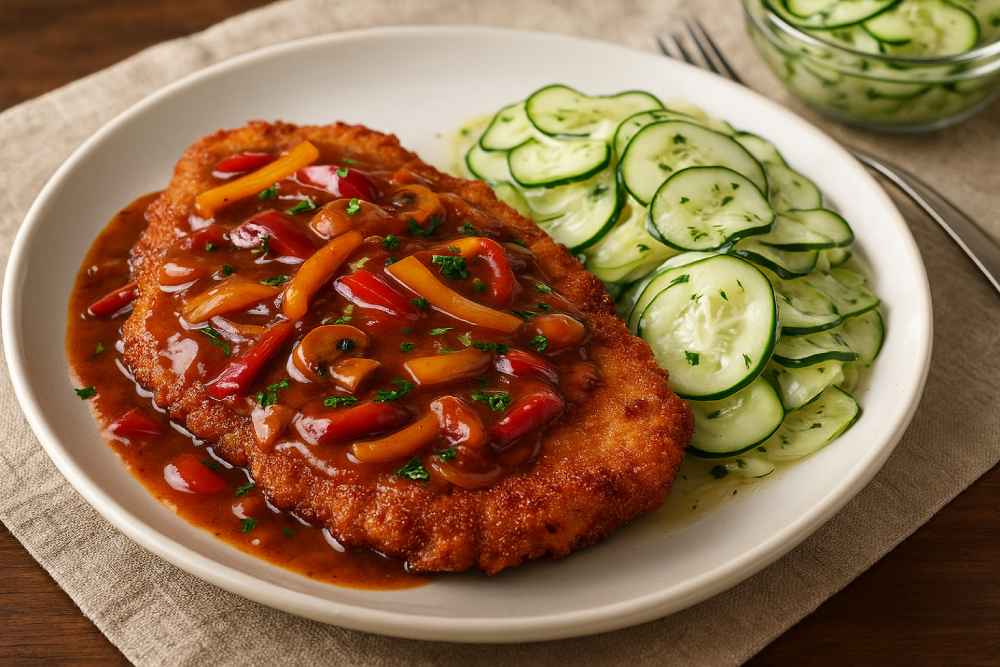 Crispy German Zigeunerschnitzel Recipe topped with pepper–tomato paprika sauce, served alongside creamy Gurkensalat with dill.