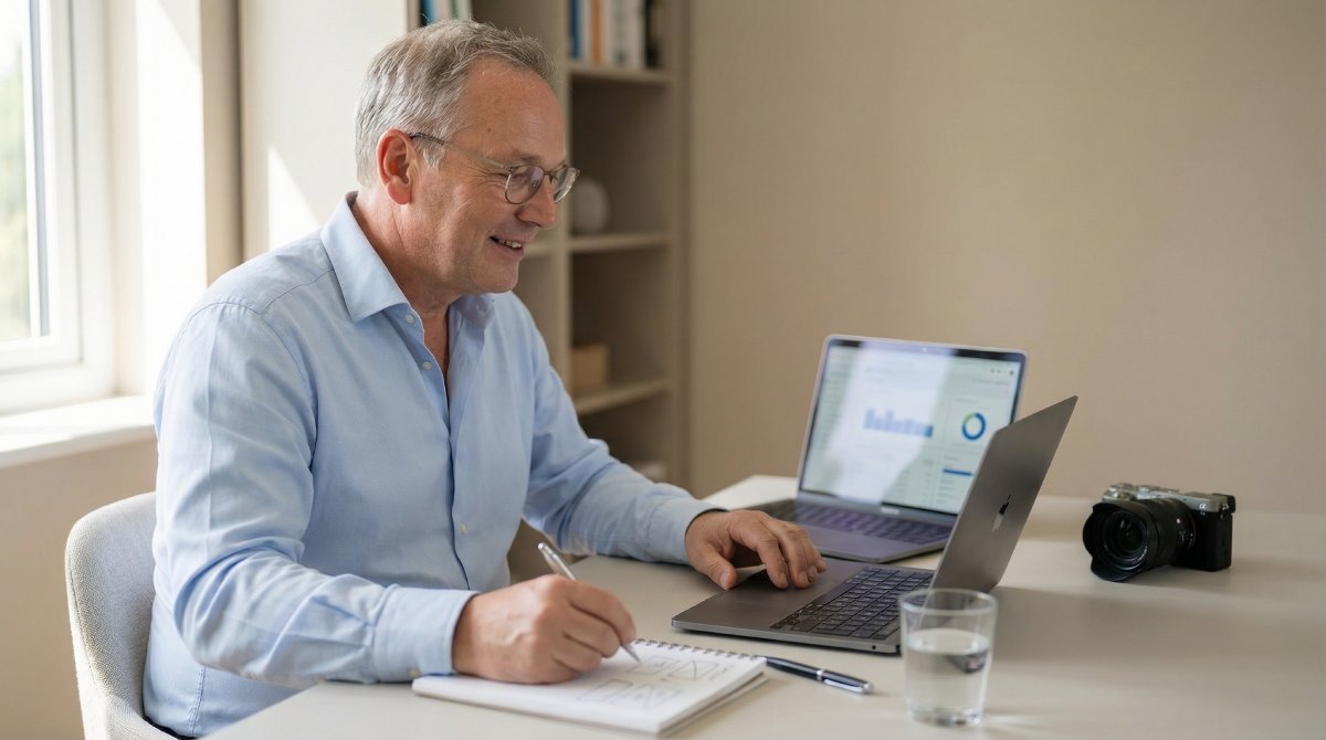 Person working at a desk with laptop. Joerg Braese planning Sausage Haüs content strategy at a desk with laptop and notebook in a modern workspace.