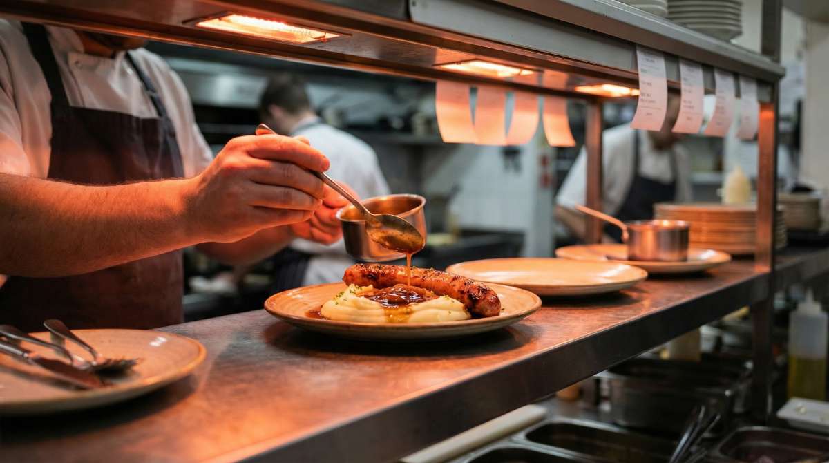 Chef finishing bangers and mash under warming lamps, spooning rich onion gravy over silky mash and a browned sausage