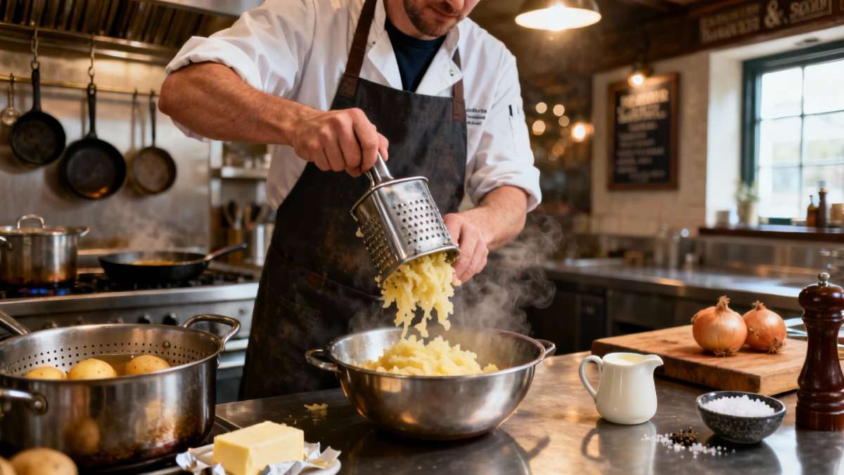 Chef ricing hot potatoes for bangers and mash in a busy gastropub kitchen, steam rising over a mixing bowl