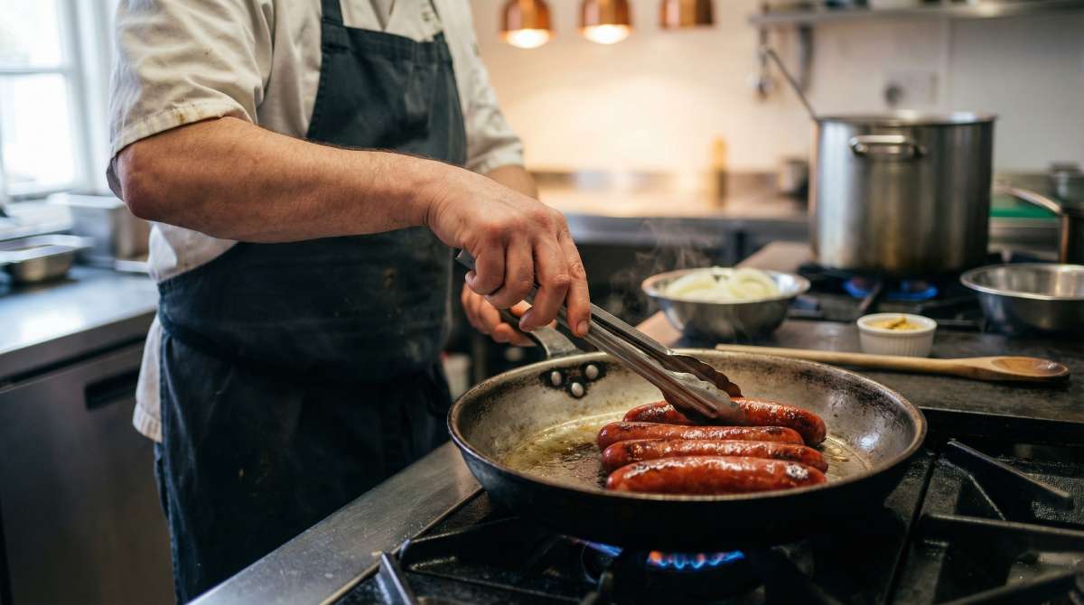 Chef pan-searing smoked frankfurters on a gas flame for bangers and mash, turning sausages until deeply browned
