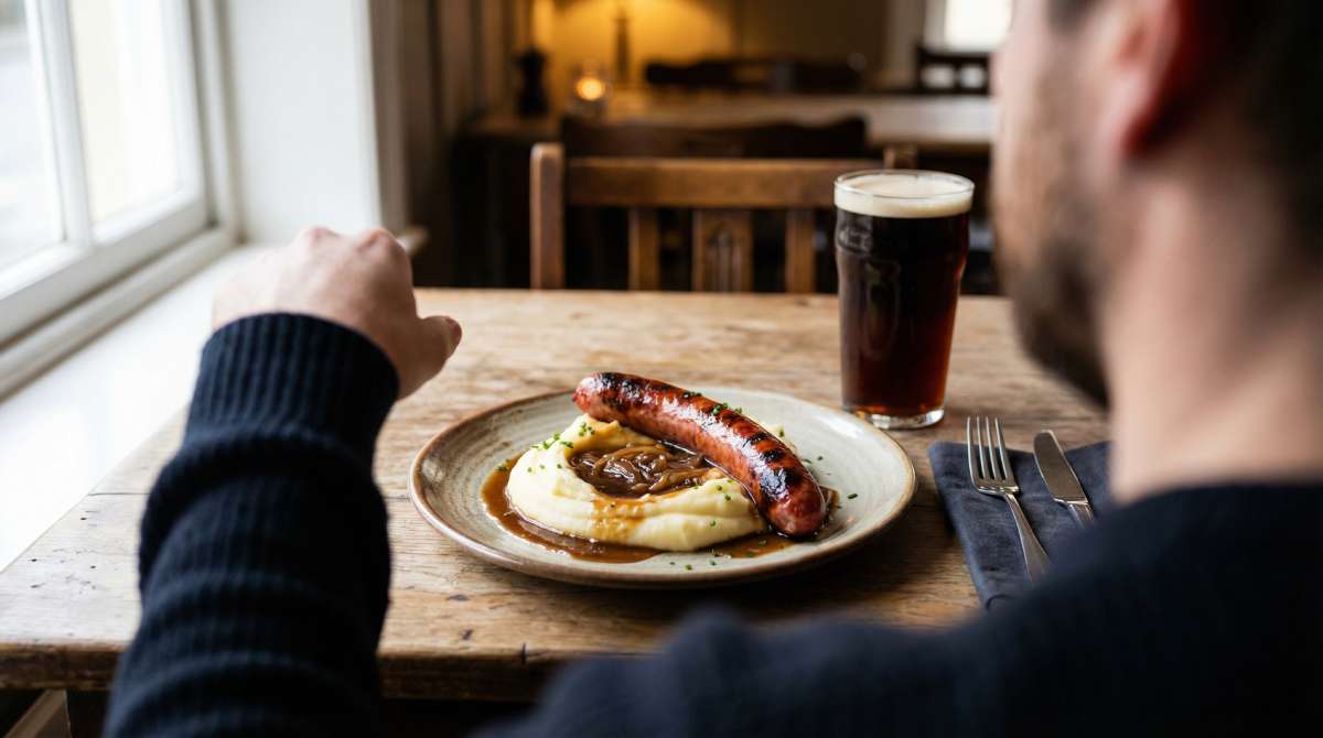 Bangers and mash on a wooden pub table, plated with a browned smoked Bacon Frankfurter, silky mash, onion gravy, and a pint of dark ale