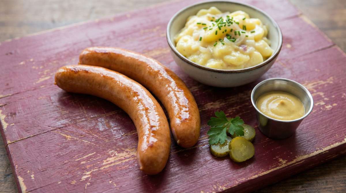 German Bockwurst sausages served with Southern German potato salad, mustard and pickles on a rustic wooden board