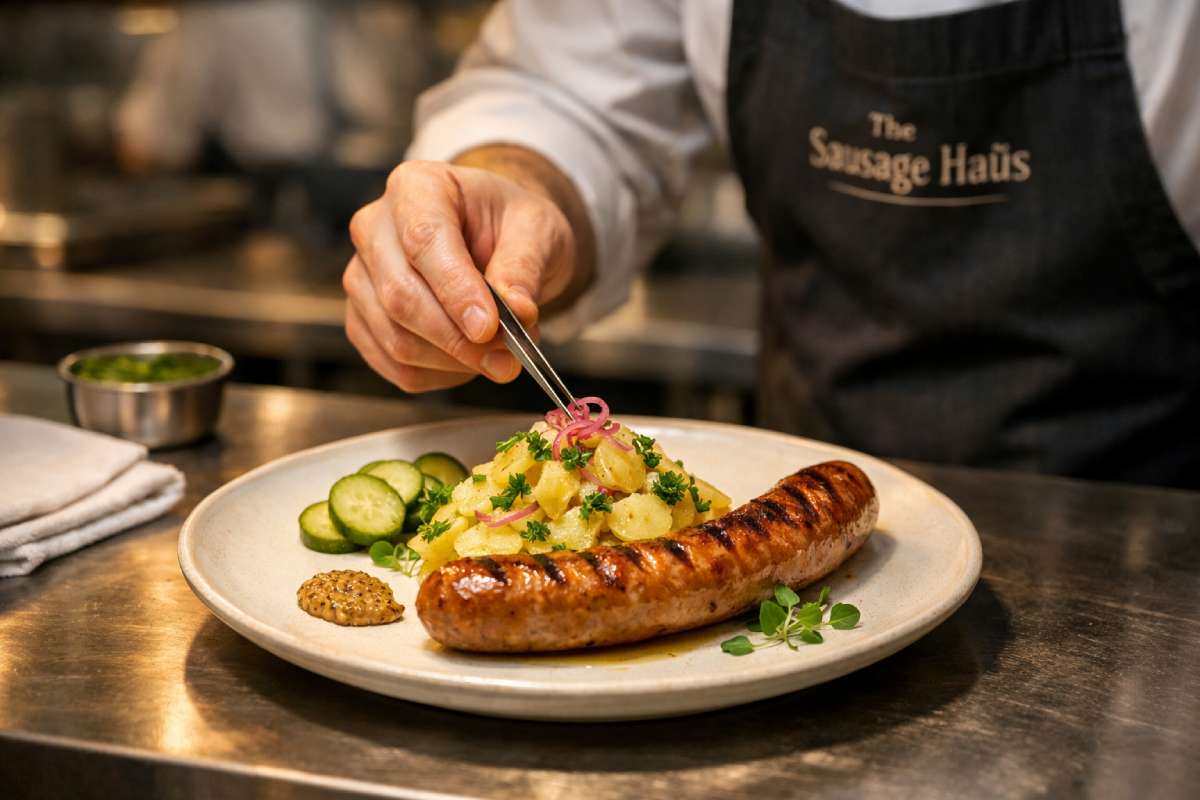 Chef finishing a grilled bratwurst with Swabian potato salad under heat lamps in a professional UK pub kitchen