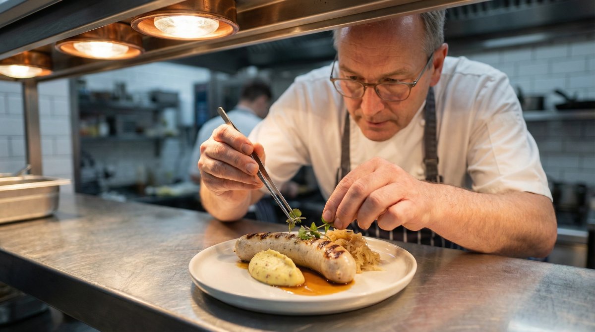 Chef Jörg Braese in a commercial kitchen finishing a plated German bratwurst with visible white-grey sausage and grill marks.