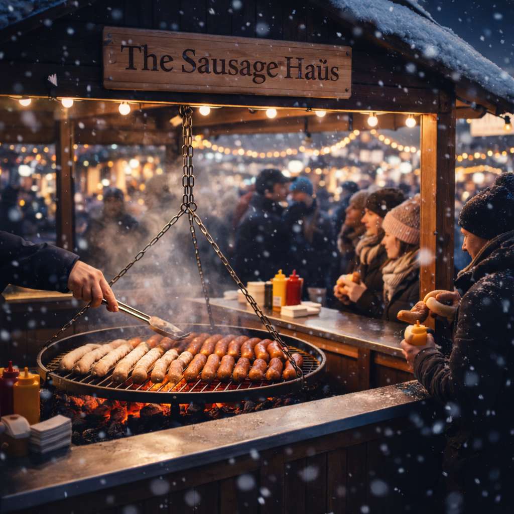 Christmas market sausage stall with a charcoal swing grill and customers eating German sausages in rolls