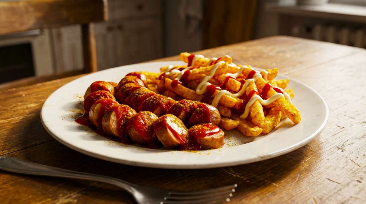 Farmfood sausages served Berlin-style: sliced currywurst topped with ketchup and curry powder, with chips finished rot-weiss with ketchup and mayonnaise on a white plate