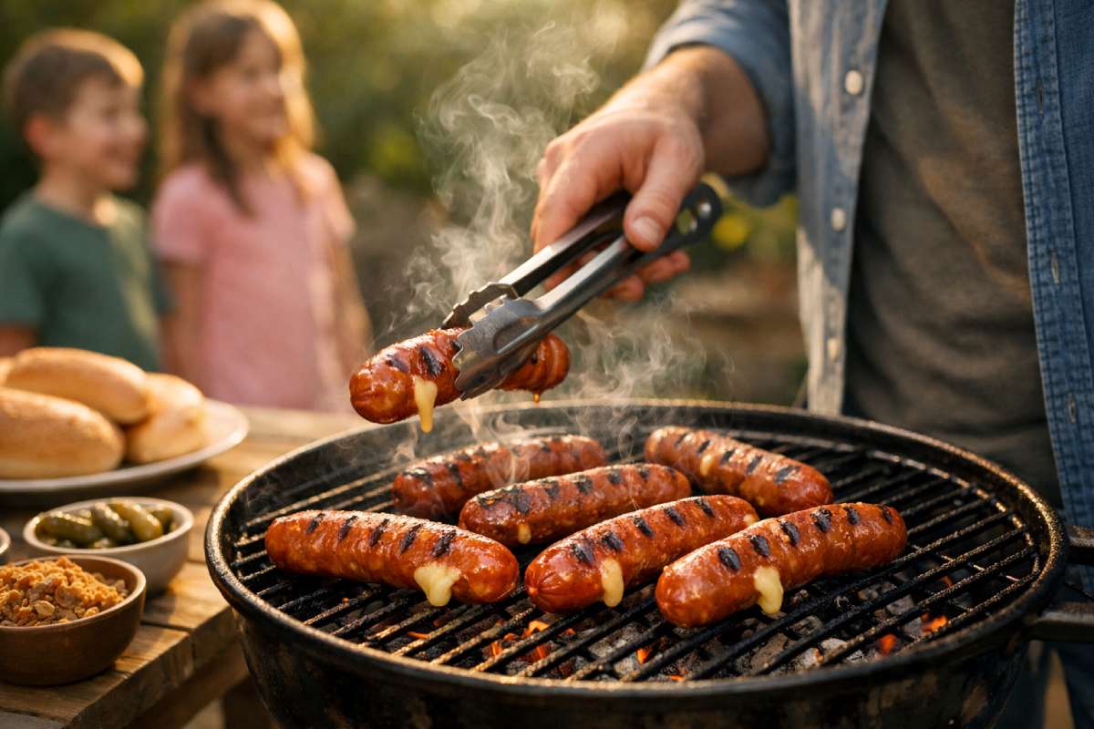 Farmfood sausages on the BBQ: a dad grilling Cheese Frankfurter sausages on a charcoal barbecue with melted cheese oozing out, kids waiting nearby