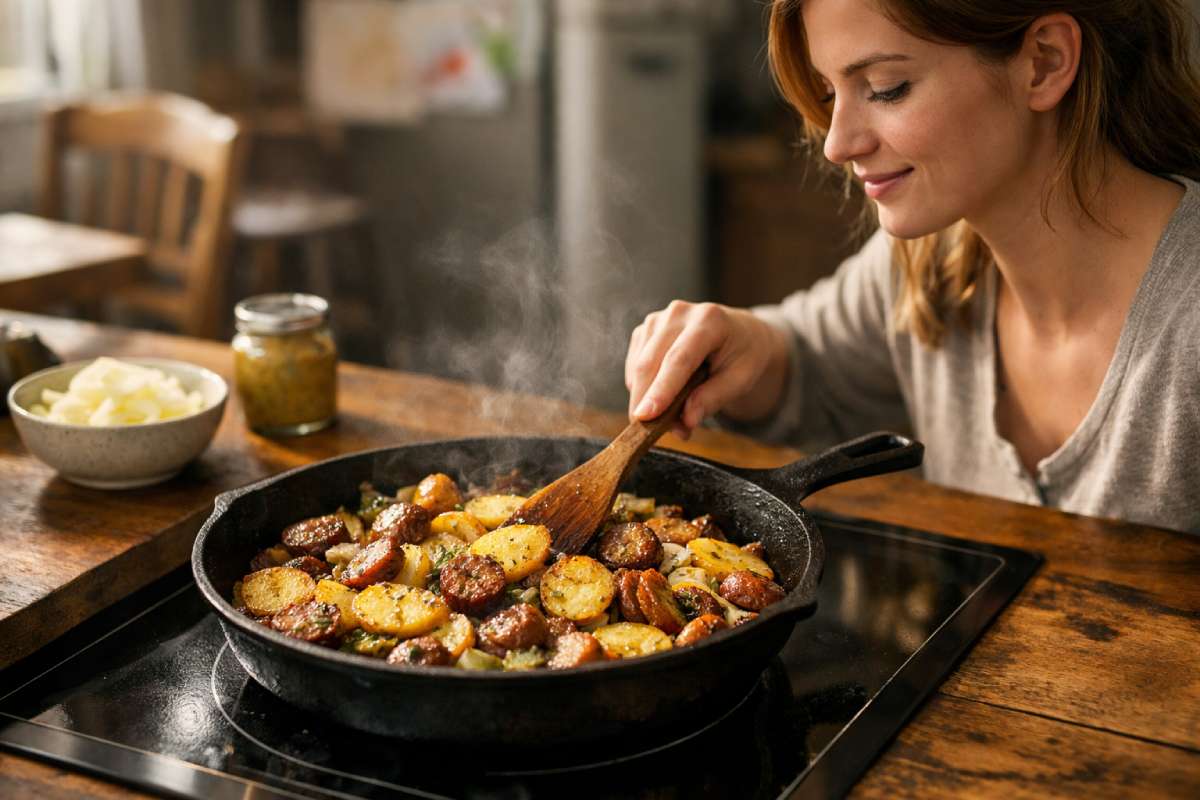 Farmfood sausages cooked one-pan style: a young mother stirring a Pork Bratwurst and crispy potato skillet in a cast-iron pan on a home hob