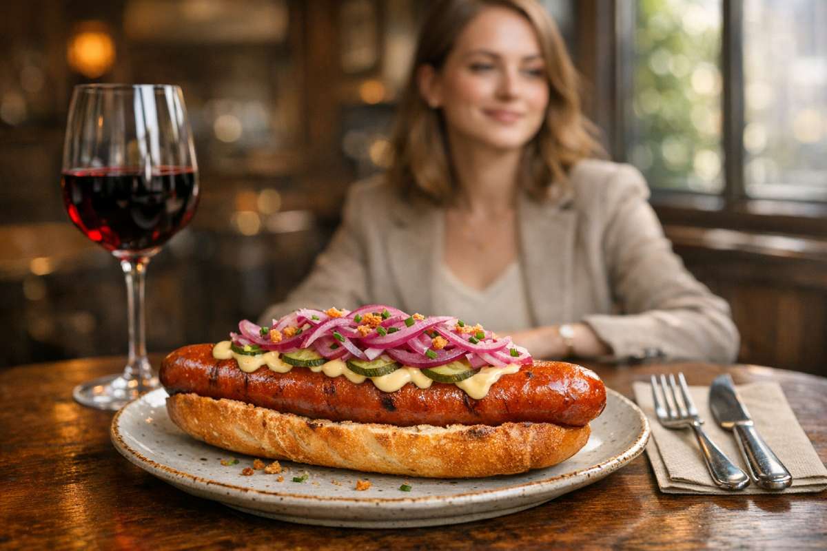Gourmet hotdog on a plate topped with hotdog onions in a red onion salad style, pickles and sauce, with a glass of red wine in a pub.