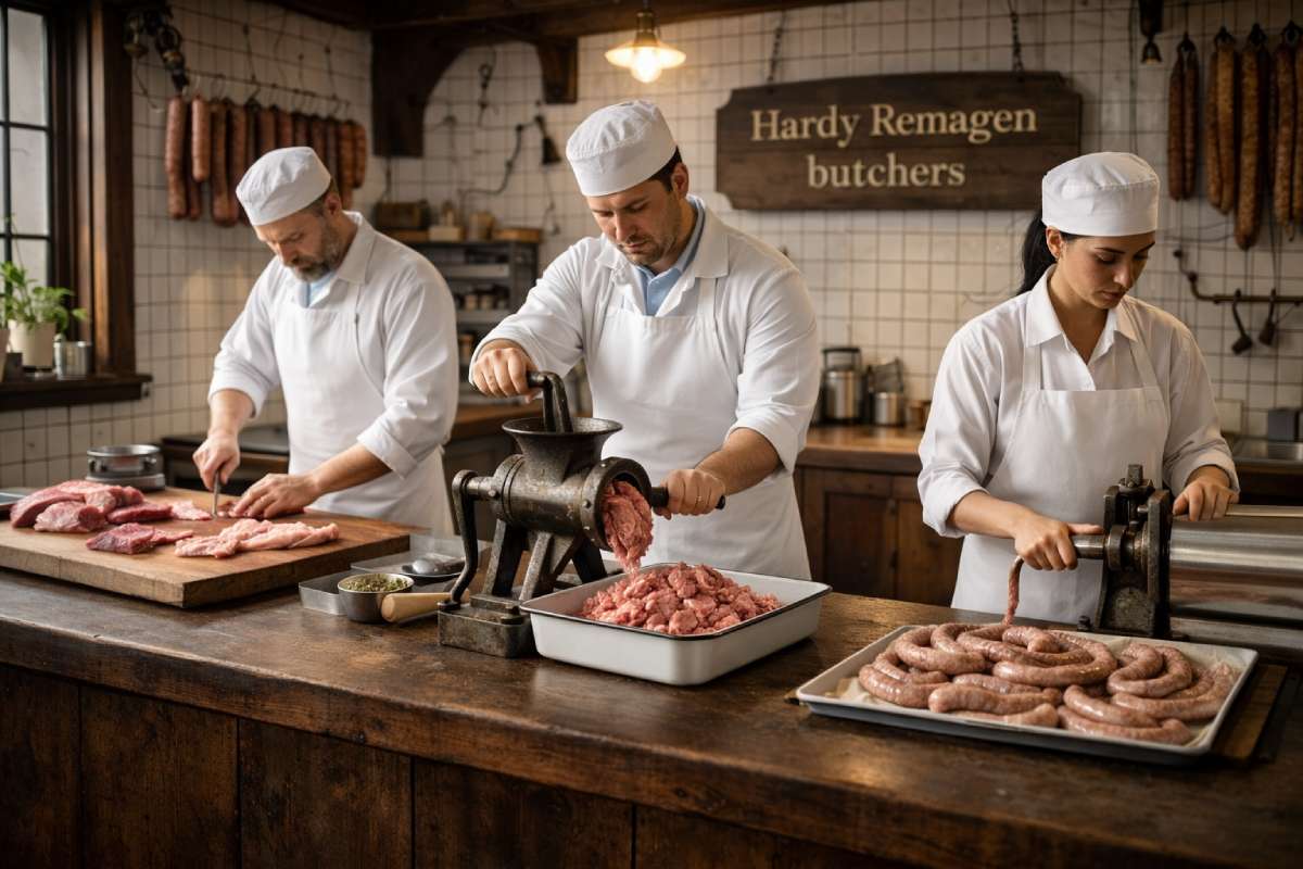 Historic Hardy Remagen butcher shop with butchers mincing meat and filling sausages