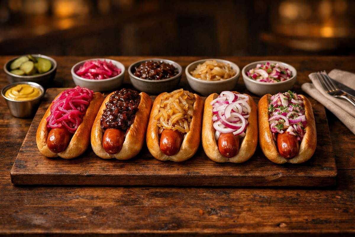 Five hotdogs on a wooden board showing hotdog onions in different styles: pickled red onions, onion jam, griddled onions, raw onion, and a shallot salad.