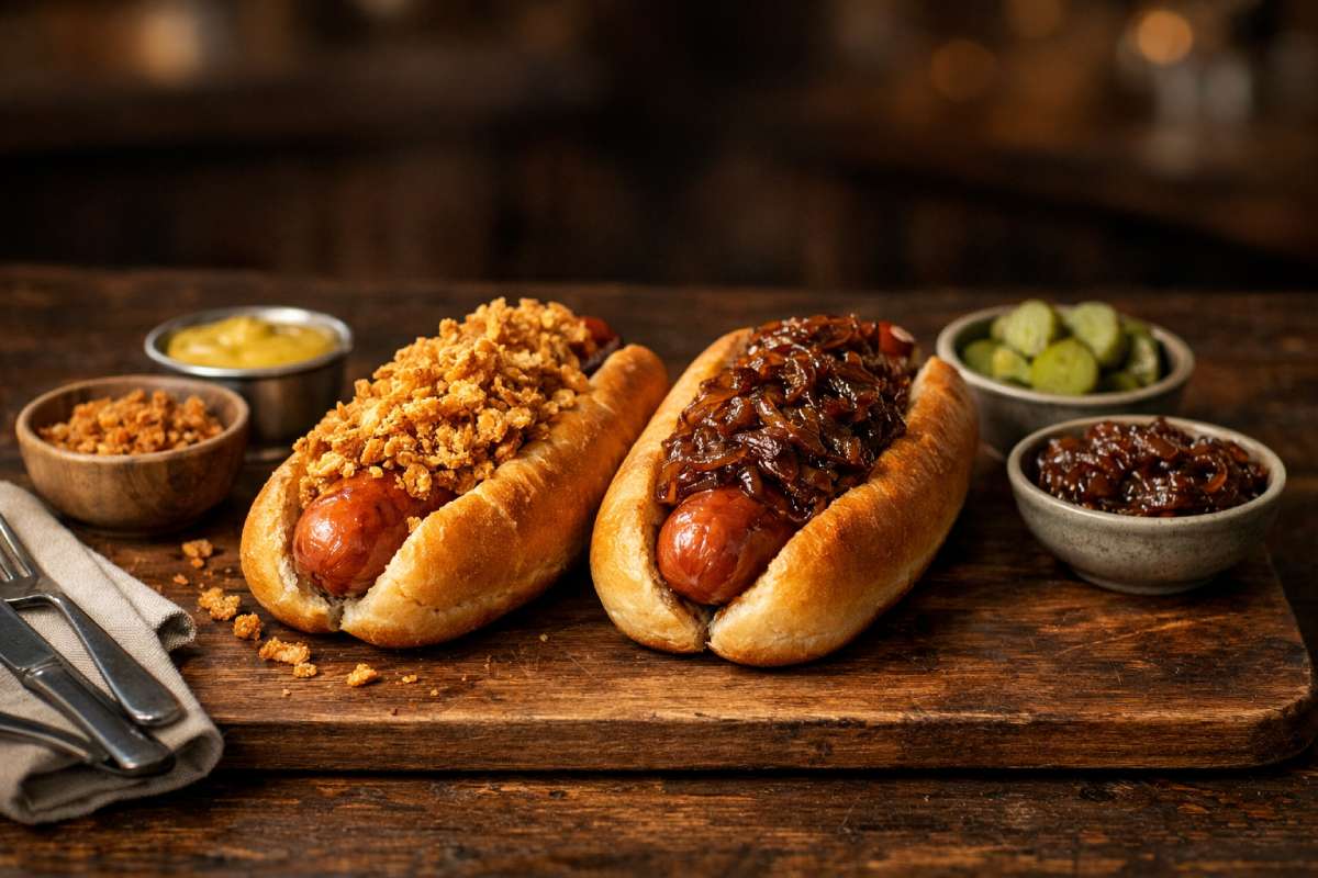 Two hotdogs on a wooden board topped with hotdog onions—crispy roasted onions on one, caramelised onions on the other.