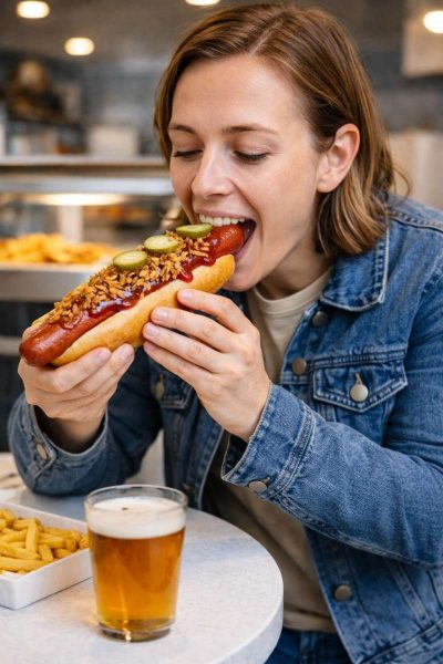 Female customer eating a Jumbo Pork Hotdog from Costco in a fish and chip shop topped with ketchup, crispy onions and gherkin slices