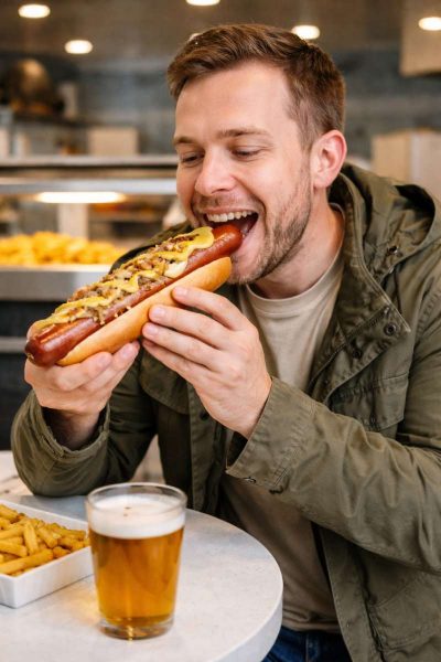 Customer eating a Jumbo Pork Hotdog from Costco in a fish and chip shop topped with sauerkraut and mustard