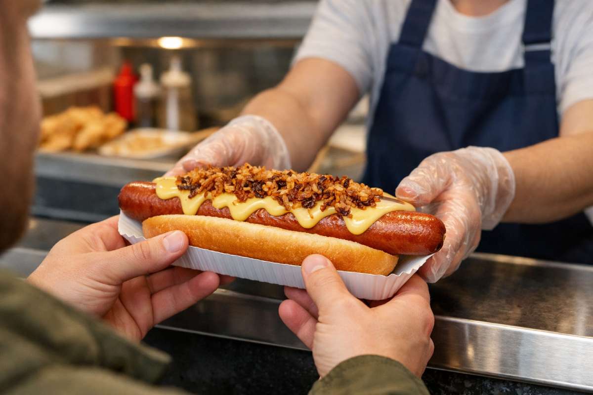 Jumbo Pork Hotdog from Costco handed over the counter in a fish and chip shop with cheese sauce and caramelised onions