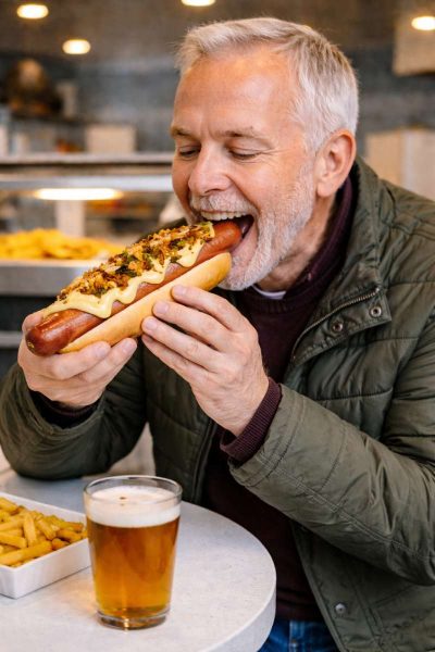 Older customer eating a Jumbo Pork Hotdog from Costco in a fish and chip shop topped with cheese sauce, bacon bits and jalapeños